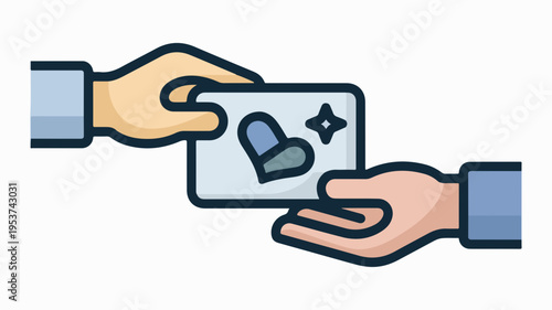 Two hands exchanging a card with a heart and star on it symbolizing love care and kindness in a simple modern graphic design