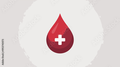 Red blood drop with white medical cross on light grey background symbolizing donation and health