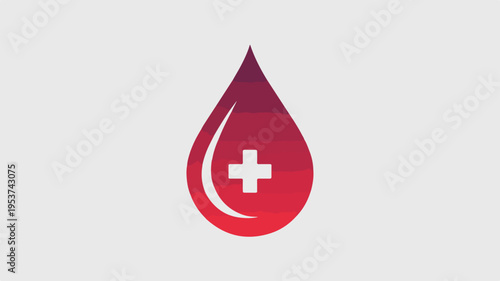 Red blood drop with white cross symbol on gradient background for medical donation concept