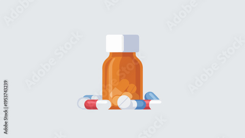 Medicine bottle with scattered pills on a plain background illustrating healthcare and medication concept
