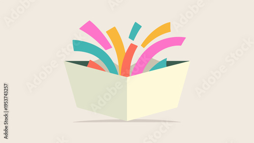 Colorful creative ideas exploding from an open book on a beige background