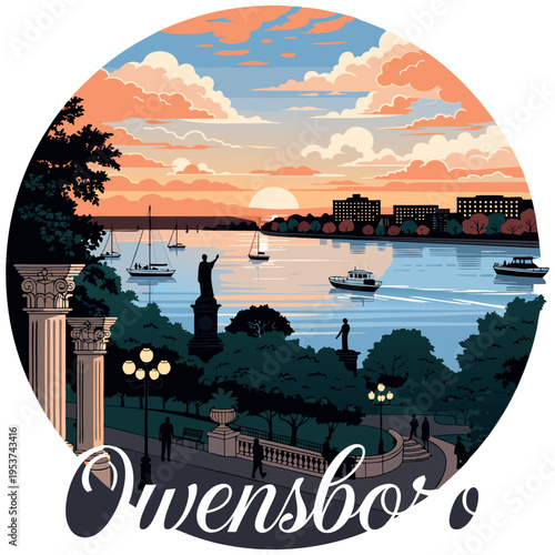 Owensboro Riverfront Promenade at Sunset with Statues and Sailboats