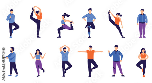 People doing sports exercises and yoga, group of athletic characters