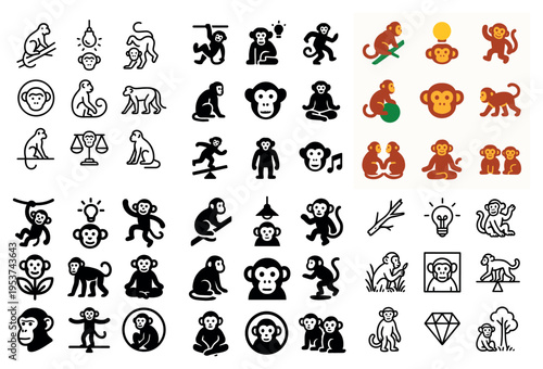 Playful primate icons with monkey banana flat outline