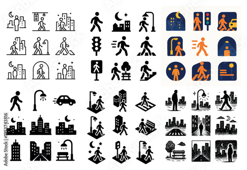 Pedestrian icons with walking crosswalk city minimal
