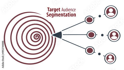 A vector graphic illustrating target audience segmentation with a bullseye and user icons