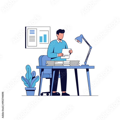 A man in a blue sweater works at a desk with papers and a lamp, surrounded by office essentials, focused on his task, with a plant and charts nearby.