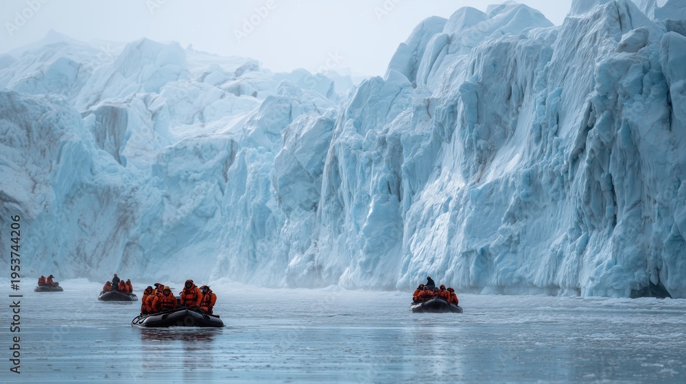 Fototapeta premium Tourists in orange life jackets navigate inflatable boats near a massive glacier in a serene icy landscape with towering blue ice formations and calm water