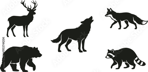 Professional Forest and Woodland Animal Silhouette Set Featuring Deer Wolf Fox Bear and Raccoon for Nature Conservation and Wilderness Design Projects