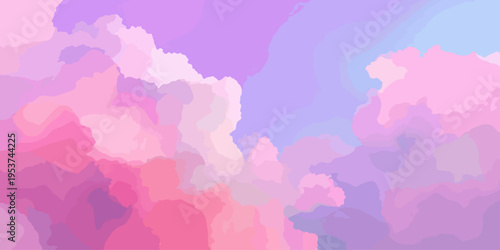 An abstract watercolor art texture of fluffy pink clouds floating in a summer sky over a vintage city atmosphere with grunge paper light and blue cloudscape