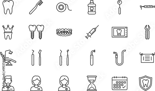 A comprehensive collection of dental care icons featuring instruments and dental health symbols Vector