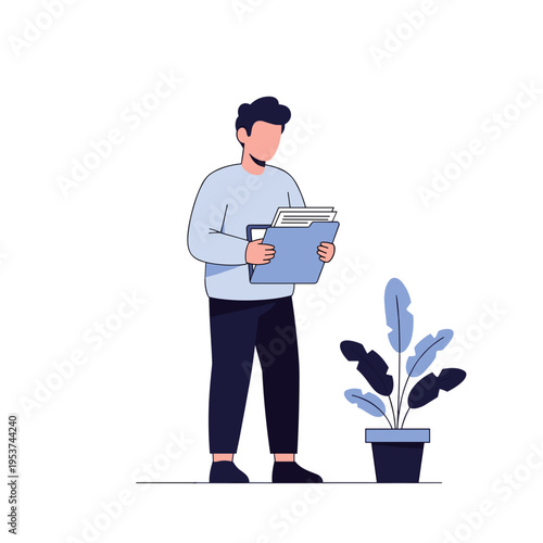 A man in casual attire reading a book and holding a coffee cup stands next to a potted plant, engaged in a relaxing moment with literature and nature.