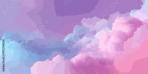 Abstract watercolor pink sky background featuring fluffy white clouds and a vintage paper texture for a dreamy summer cloudscape atmosphere