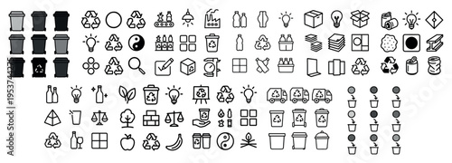 Environment icons with trash bins bottles flat