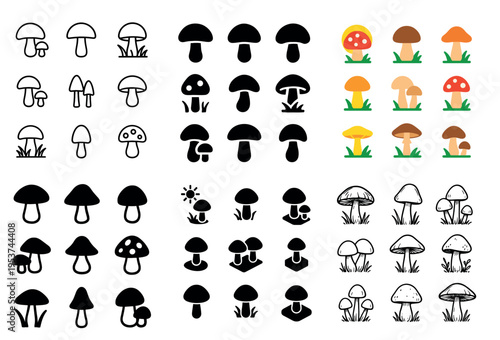 Mushroom icons with cap stem fungus flat