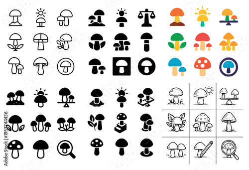 Nature icons with mushroom sun outline style