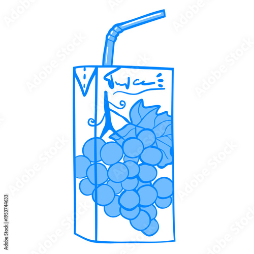 Linear drawing of a grape carton juice box with a straw. Mediterranean linear children's fruit drink vector clip art sticker for design.