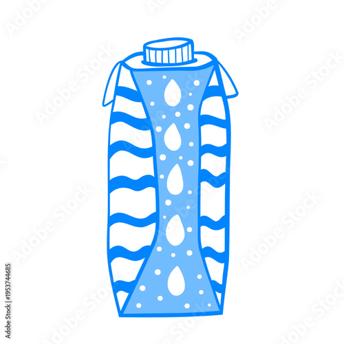 Line drawing of a carton box of juice or coconut water. Mediterranean linear drink vector clip art sticker for design.