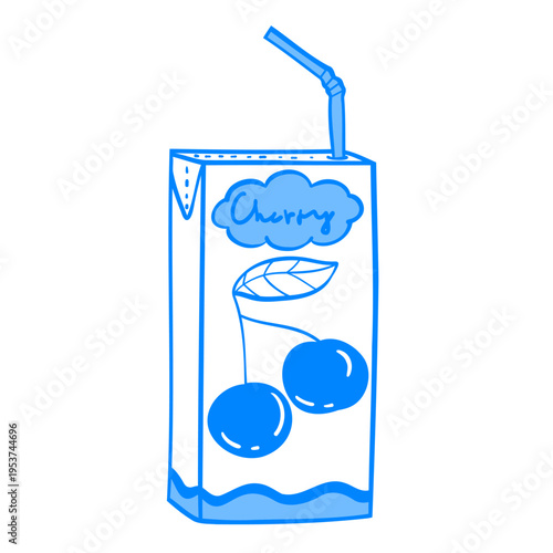 Linear drawing of a cherry carton juice box with a straw. Mediterranean linear children's fruit berry drink vector clip art sticker for design.