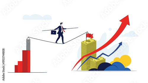 Successful businessman balancing on a tightrope while navigating toward financial wealth and upward market growth trends.