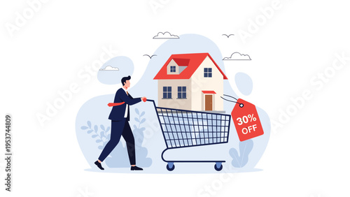 Businessman pushing a shopping cart containing a house with a discount tag symbolizes the real estate market sale and affordable housing.