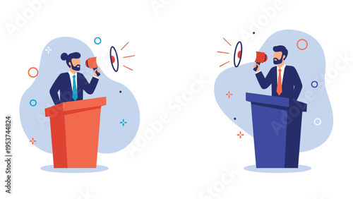 Two male politicians using megaphones on podiums represent a heated debate, political campaign, or effective public communication.