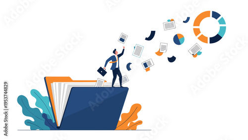 Businessman standing on a large office folder with documents flying towards a pie chart represents efficient data management and analysis.