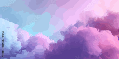 Beautiful abstract watercolor background featuring fluffy white clouds in a blue sky atmosphere with a vintage paper texture and bright summer sun light