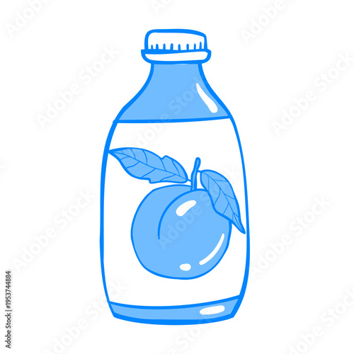 Line drawing of a glass bottle of fruity peach flavored soda on the label. Mediterranean linear drink vector clip art sticker for design.