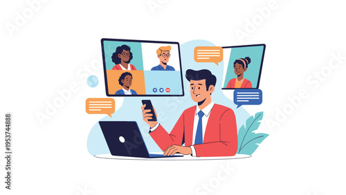 Happy businessman participates in a remote video conference call with colleagues using his laptop and smartphone at his desk.