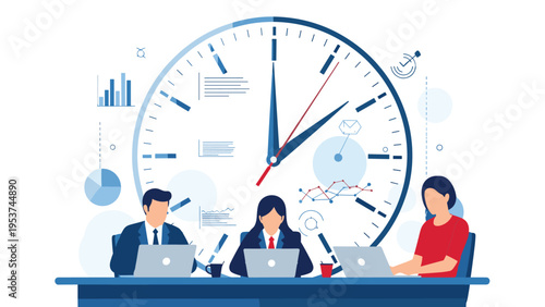 Group of three business professionals work on their laptops in front of a massive clock showing the importance of time management.