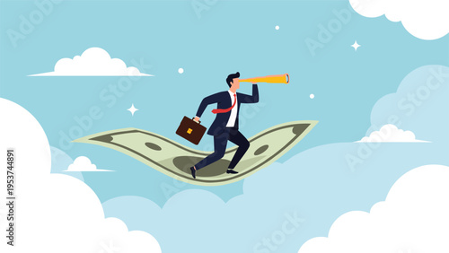 Entrepreneurial man in a dark suit flies on a magic dollar bill across the sky while looking through a telescope for opportunities.