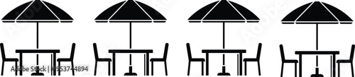 Black silhouette vector illustration of outdoor cafe terrace set with patio umbrellas, garden tables, and chairs for summer restaurant furniture design and architectural site planning.