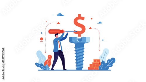 Businessman in a blue suit uses a large screwdriver to adjust a dollar sign on top of a giant screw representing financial tuning.