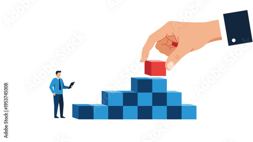 Giant hand in a suit places a red block on top of a stack of blue cubes while a small businessman watches the construction.
