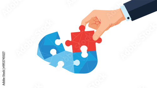 Large hand in a suit connects a red jigsaw puzzle piece to a larger blue puzzle representing problem solving and partnership.