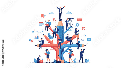 Diverse group of office workers sit on the branches of a tree made of giant colored pencils while working on their laptops.