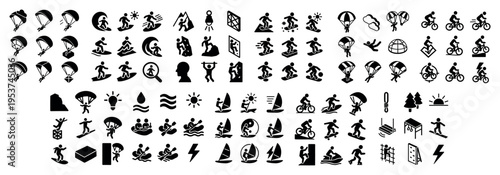 Outdoor sport icons with parachute and bike silhouette