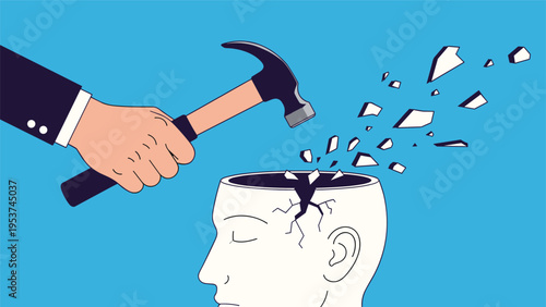 Hand holding a heavy hammer breaks open the top of a human head with fragments flying out representing a mental breakdown.