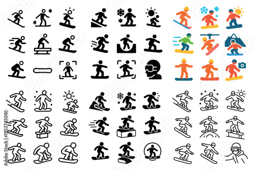 Snowboard icons with rider and jump colorful