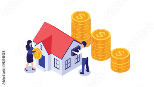 Man and woman work together to build a house using gold coins as building materials with large stacks of money in the background.