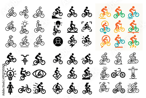 Cycling icons with bike rider helmet colorful style