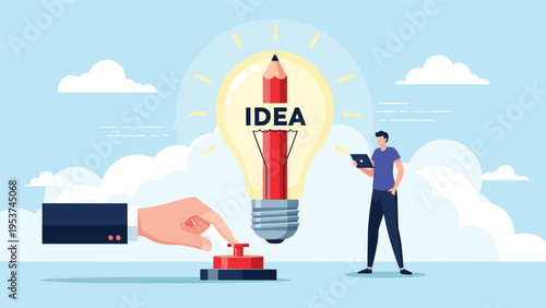 Giant hand pushes a red button to light up a lightbulb with a pencil inside symbolizing the start of a new creative project.