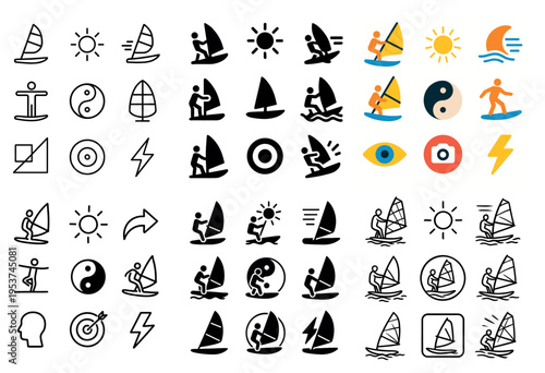 Water sports icons with sail board sun colorful