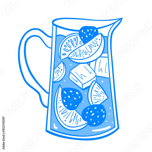 Line drawing of a cocktail glass pitcher with fruits, berries, and ice. Mediterranean linear drink vector clip art sticker for menu design.