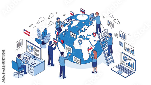 Isometric illustration of people collaborating around a large globe with various flags and digital communication icons.