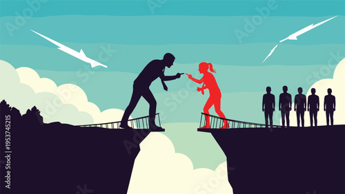 Silhouettes of a man and a woman on broken bridges point fingers at each other across a deep canyon during a conflict.