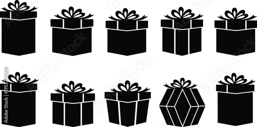 Gift box icon set vector illustration with black gift boxes silhouettes collection for birthday holiday celebration surprise Christmas anniversary and special events promotion design.