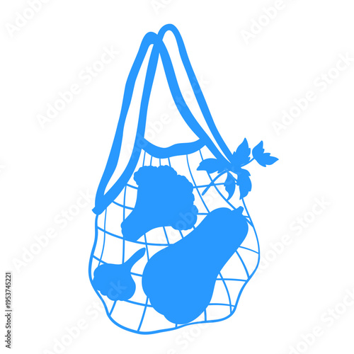 Linear drawing of vegetables in an eco-friendly string bag. Mediterranean linear vector vegetable clip art for design.
