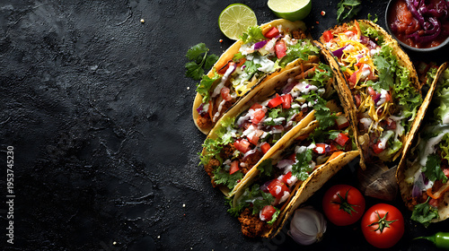 A plate of tacos with tomatoes and lime